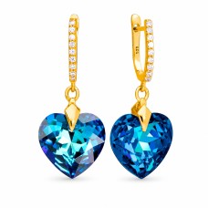 Sidabriniai auskarai moterims DiamondSky „Romantic Heart III (Bermuda Blue)“ su Swarovski kristalais