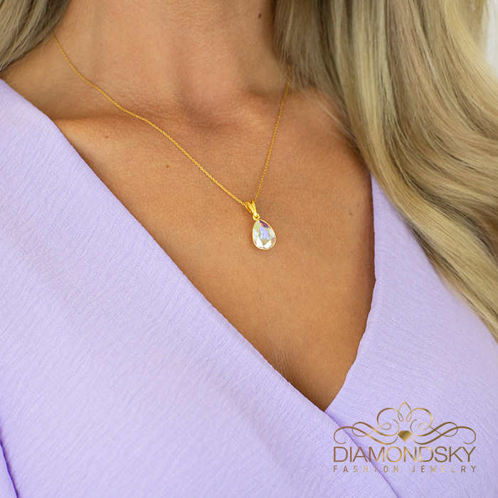 Sidabrinis kaklo papuošalas moterims Diamond Sky „Crystal Drop (Aurora Borealis)“ su Preciosa® kristalais