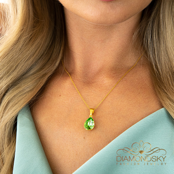 Sidabrinis kaklo papuošalas moterims Diamond Sky „Crystal Drop (Peridot)“ su Preciosa® kristalais
