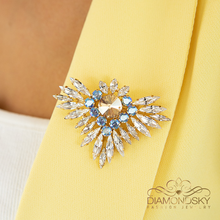 Брошь "Радужный Цветок (Golden Shadow / Light Sapphire Shimmer / Crystal)" с кристаллами Swarovski®