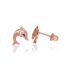 14K Red Gold Cubic Zirconia Stud Earrings “Dolphin's Love II”
