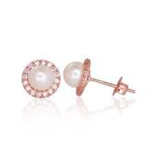 14K Red Gold Cubic Zirconia and Pearl Stud Earrings “Galos IX”