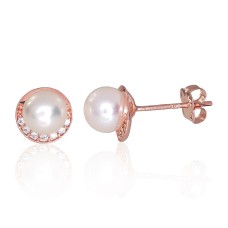 14K Red Gold Cubic Zirconia and Pearl Stud Earrings “Soul's Mirror VII”