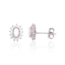 Sterling Silver Cubic Zirconia and Opalite Stud Earrings “Moon Charm VI”