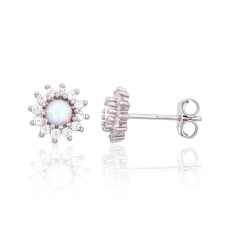 Sterling Silver Cubic Zirconia and Opalite Stud Earrings “Moon Charm XIII”